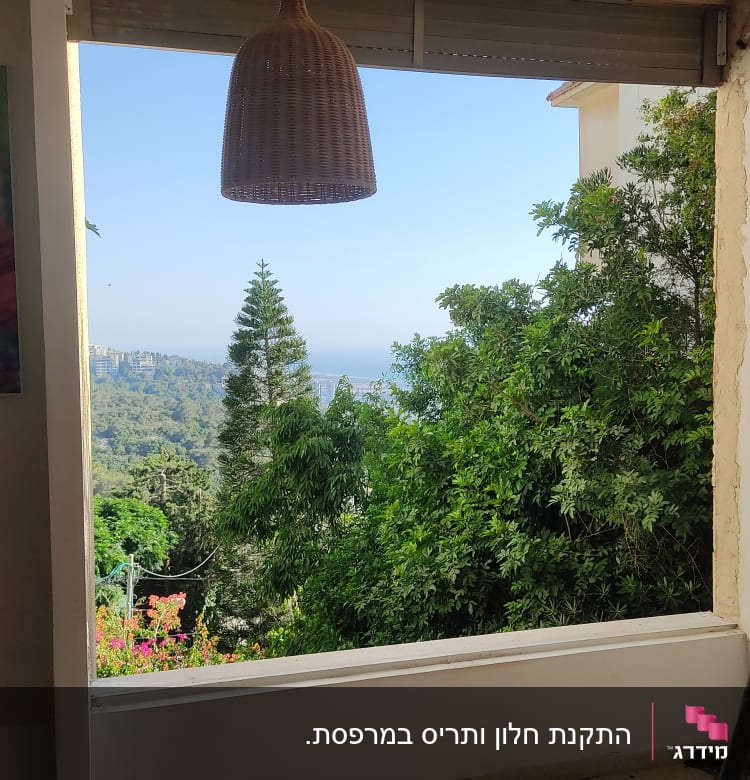 תריס אלומיניום פתוח בחלון גדול